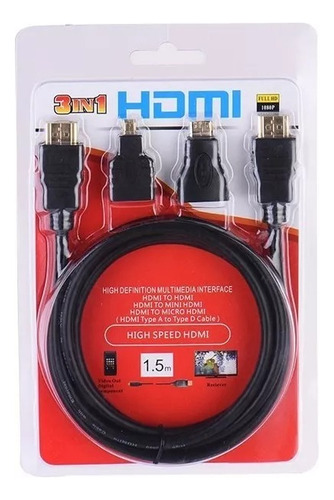 Cable Hdmi 3 En 1 Con Adaptadores A Mini Hdmi Y Micro Hdmi