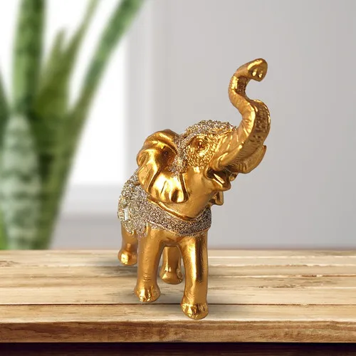Estatua de elefante indio de resina dorada para sala de estar, 15 cm, color dorado