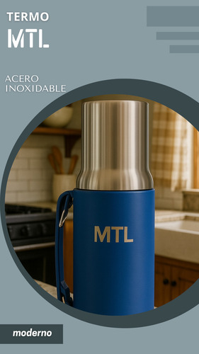 Termo Mtl 1 Litro Acero Inoxidable Pico Cebador Mate System Color Azul Tapa Vaso Térmico Doble Pared Reforzado Alta Resistencia Líquidos Calientes Fríos
