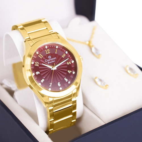 Relógio Champion Feminino Dourado Rosa + Colar E Brincos Cor do fundo Marsala