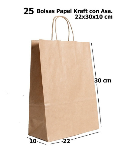 25 Bolsas Papel Kraft Con Manilla, 22x30x10. 100 Grm