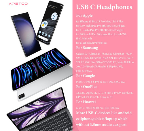 Auriculares Apetoo Usb C Para Apple iPhone 15 Pro Max iPad P