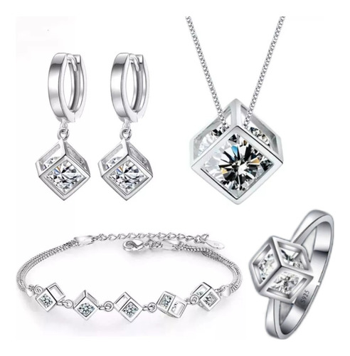 Conjunto Joyas Swarovskine Cuadrado Cristal Plata Cubo