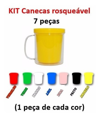 Kit Amosta Com 7 Peças De Canecas Rosqueável Colorida