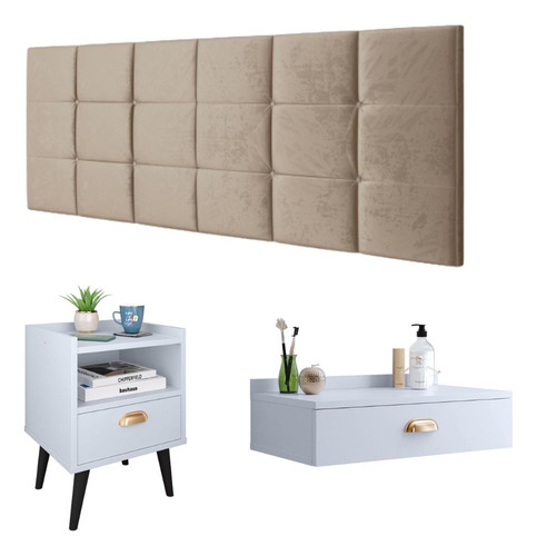 Penteadeira Closet Mesa Cabeceira Retrô Painel Box Casal 1.6 Cor Branco | Bege Suede