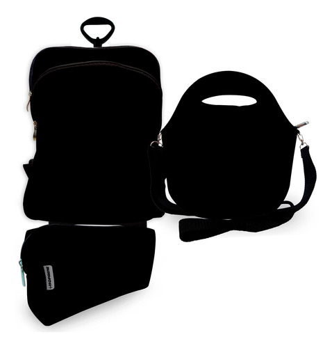 Kit Mochila C/ Rodinhas+lancheira+necessaire Neoprene Preto