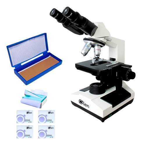 Microscópio Binocular 1600x + 200 Lâminas E Porta 50 Lâminas Cor Branco