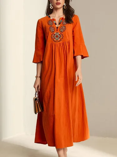 Vestido Smock Con Bordado Geom trico De Cuello De Muesca De