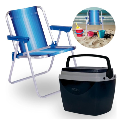 Kit Caixa Termica Pequena 6 L Preto + Cadeira Azul Infantil
