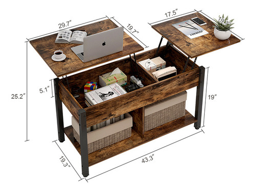 Mesa De Centro Elevable Con Compartimentos Ocultos Y Estante De Almacenamiento, Mesa Auxiliar Para Sala,mesa Expandible Madera