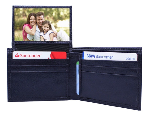Cartera Bifold Premium Hombre Cierre Interno Piel Genuina Azul