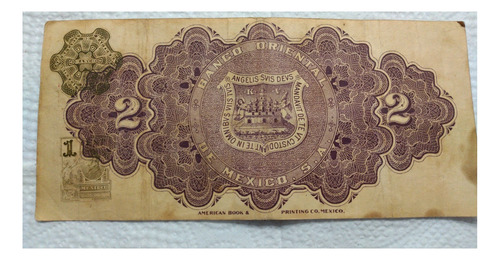 Billete 2 Peso Banco Oriental De Mexico 1914 (Usado)