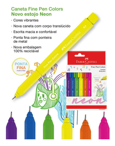 Caneta Fine Pen Neon Com 6 Cores - Faber Castell