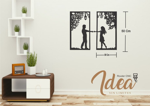 Cuadro Pareja Amor Corte Láser 50x30 Cm Negro Negro