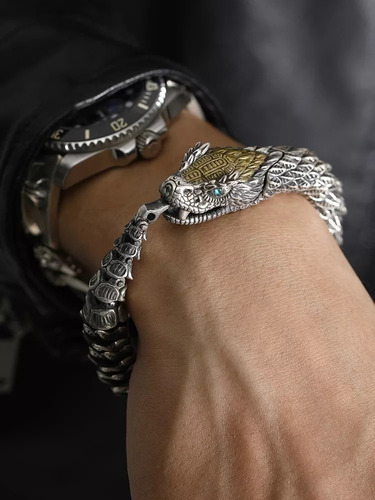 Pulsera Con Forma De Cabeza De Dragón Hecha A Mano En Plata
