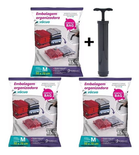 Kit 3 Saco Embalagem Vácuo Organizador Roupa 50x70 Com Bomba