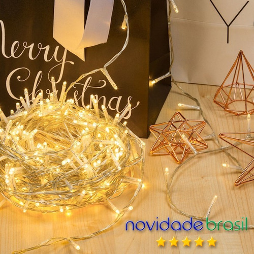 Imagem 4 de 9 de Cordão 300 Leds Fixo Branco Quente 30 Metros Macho / Fêmea