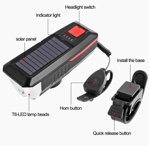 Imagen 5 de 10 de Luz Led Solar Recargable Para Bicicleta Con Bocina Stgo.