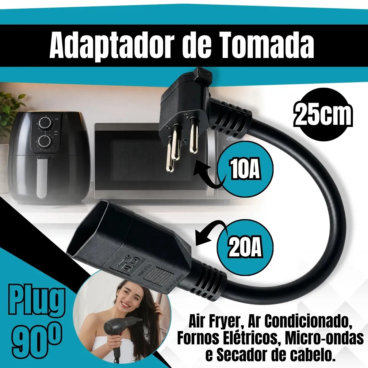 Adaptador De Tomada 90 grau 20A Para 10A Reforçado Bivolt Ar Condicionado Air Fry Micro-ondas Secador Cabelo