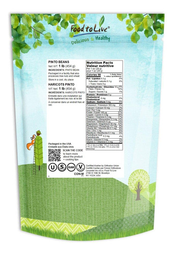 Food To Live Frijoles Pinto, Veganos, 454 G