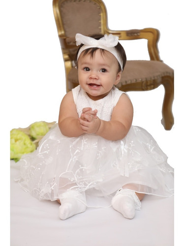 Imagem 1 de 8 de Vestido Bebê Ou Rn Batizado Batismo Renda Branca Com Tiara 