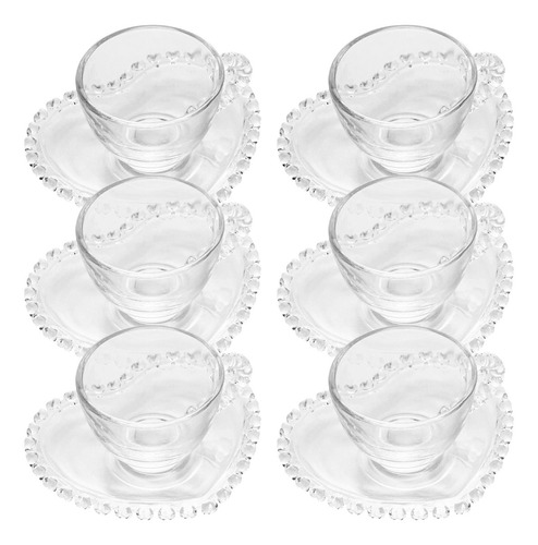 Jogo 6 Xícaras De Café Em Cristal Com Pires De Coração 80ml