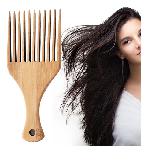 Peine Afro De Bambú Antiestático, Con Forma De Horquilla, Pa