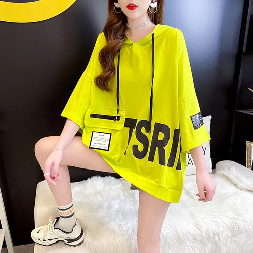 Camiseta Holgada Con Capucha Y Bolsillo Para Mujer