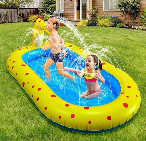 Piscina Alberca Inflable De Dinosaurio Con Rociador Amarillo
