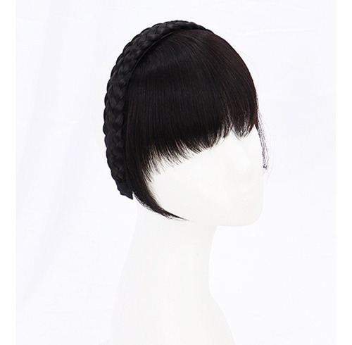 Diadema Trenzada Negra Natural Con Flequillo De Pelo Real