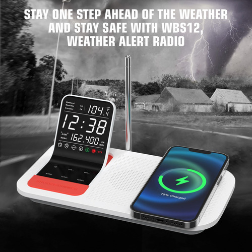 Emerson Wbs12 - Sensor De Temperatura De Banda Meteorológica Para Smartset, Radio Despertador Dual Con Carga Inalámbrica, Cargador Usb Y Visualización Lcd Retroiluminada Negra De 1,5 Cm