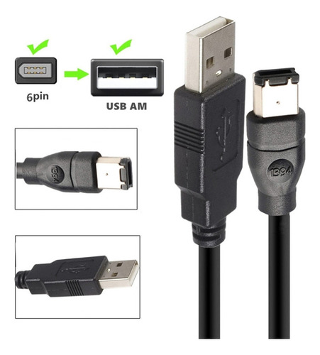 = Cabo Firewire 1394 De 6 Pinos Macho Para Usb 2.0 Macho De