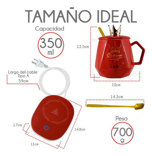Kit Taza Calentador Eléctrico Cerámica Corona Posavasos Café Color Rojo