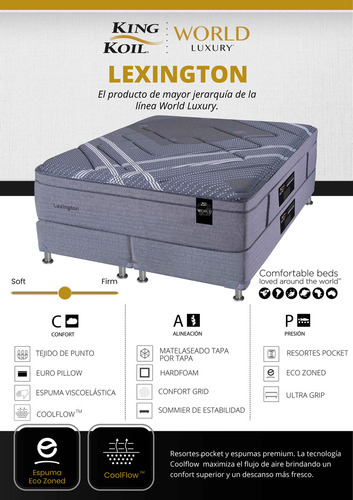 King Koil Colchón y Sommier americana World Luxury Lexington color gris King 200cm y 180cm Resortes Pocket con Pillow Viscoelástico