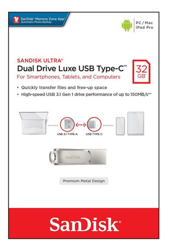 Memoria Usb Sandisk Ultra 32gb Usb-c 3.1 Metal Dual