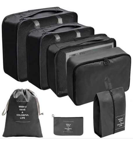 Kit 7 Pçs Bolsas De Viagem Organizador Prático De Mala Roupa Cor Preto