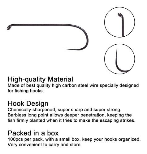 Fly Fishing Hooks 100pc Pack Barbless Catch & Release Dry We