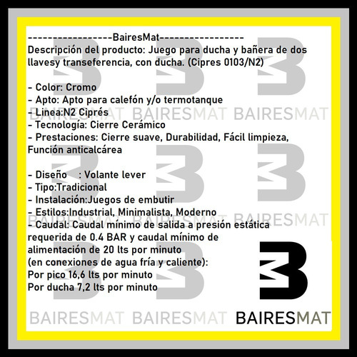 Griferia Para Ducha Fv Cipres Cierre Ceramico 103/n2 Bañera