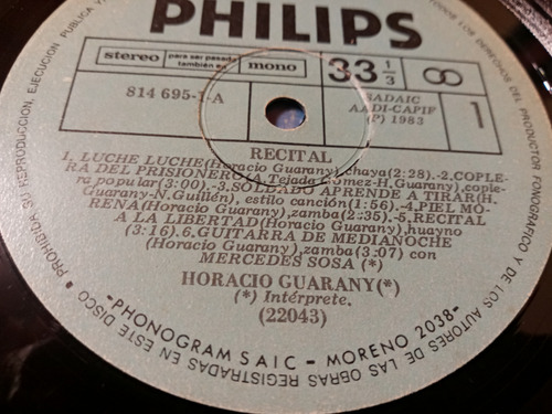 Horacio Guarany Recital Vinilo Impecable S/ Tapa (Usado)