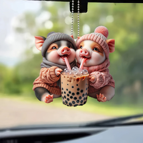 Colgante Acrílico Con Forma De Dos Cerditos Bebiendo Té Con