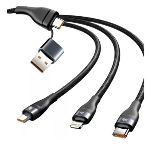 Cable microcargador Baseus 3 en 1 USB-C P C Lightning de 100 W, color negro
