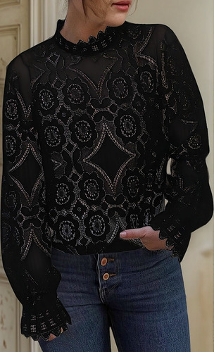 Blusa Transparente De Encaje Con Cuello Alto Y Manga Larga P