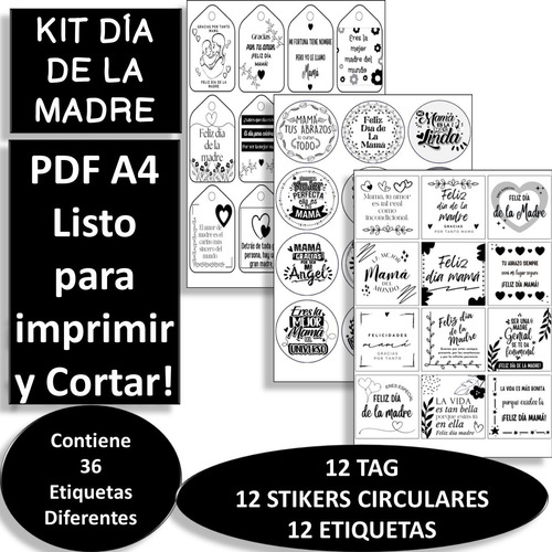 Imagen 1 de 4 de Kit Imprimible Dia De La Madre  B N Pdf 02 Tags Etiquetas