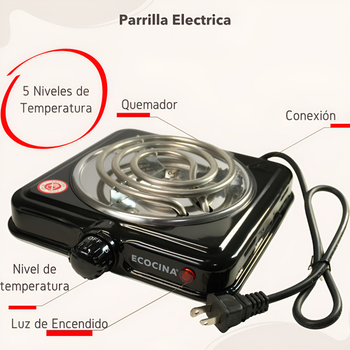 Parrilla Estufa Electrica 1 Quemador Acero Inoxidable 1000w Negro