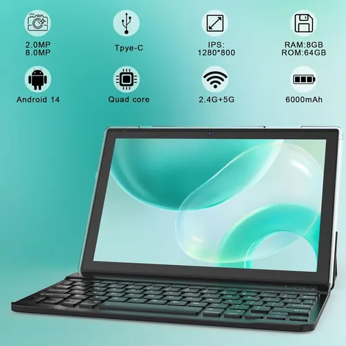 Tablet De 10 PuLG 2en1 C/ Teclado, 2+6gb + 64 Gb, Android14