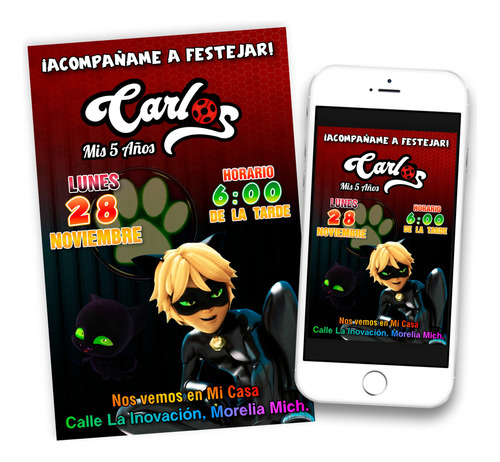 Invitación Digital Miraculous Cat Noir Imprimible Whatsapp