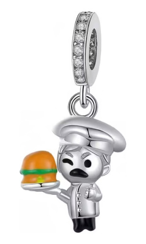 Charm Cocinero Chef Y Hamburguesa En Plata 925 Silver Heart