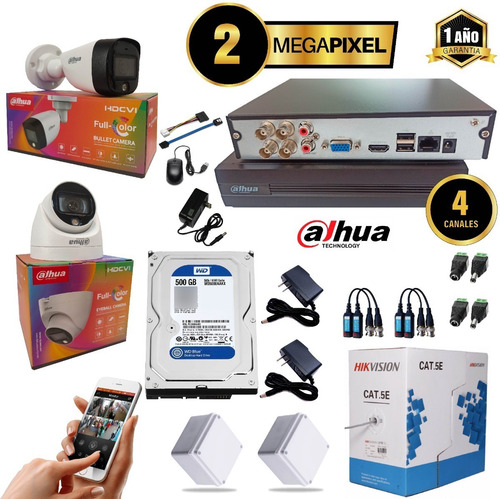 Kit Camaras Seguridad Dahua 2mp Full Color Dvr 4ch+ 2 Cam+ D