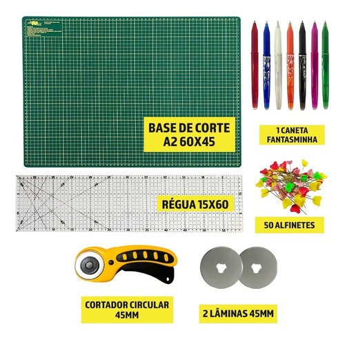 Kit Base Para Corte Patchwork Regua 60 Cortador Tecido 45mm Cor Base Verde