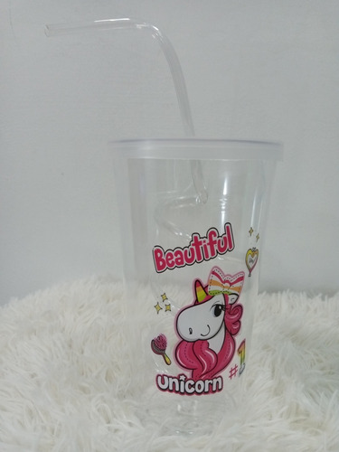 Vasos Con Pitillo Espiral Unicornio 800ml Niña Escolar